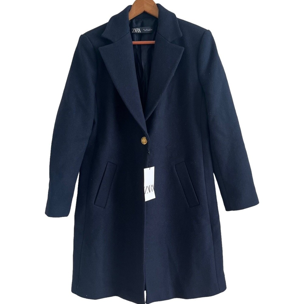 Zara Coat Wool Blend Long Dark Navy Blue One Gold Button Lined Womens L 8367/734 - Picture 8 of 12